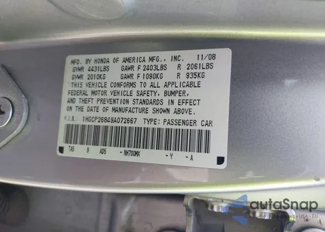 2009 Honda Accord 2.4 Ex-L z USA, uszkodzony, nr VIN 1HGCP26849A072667